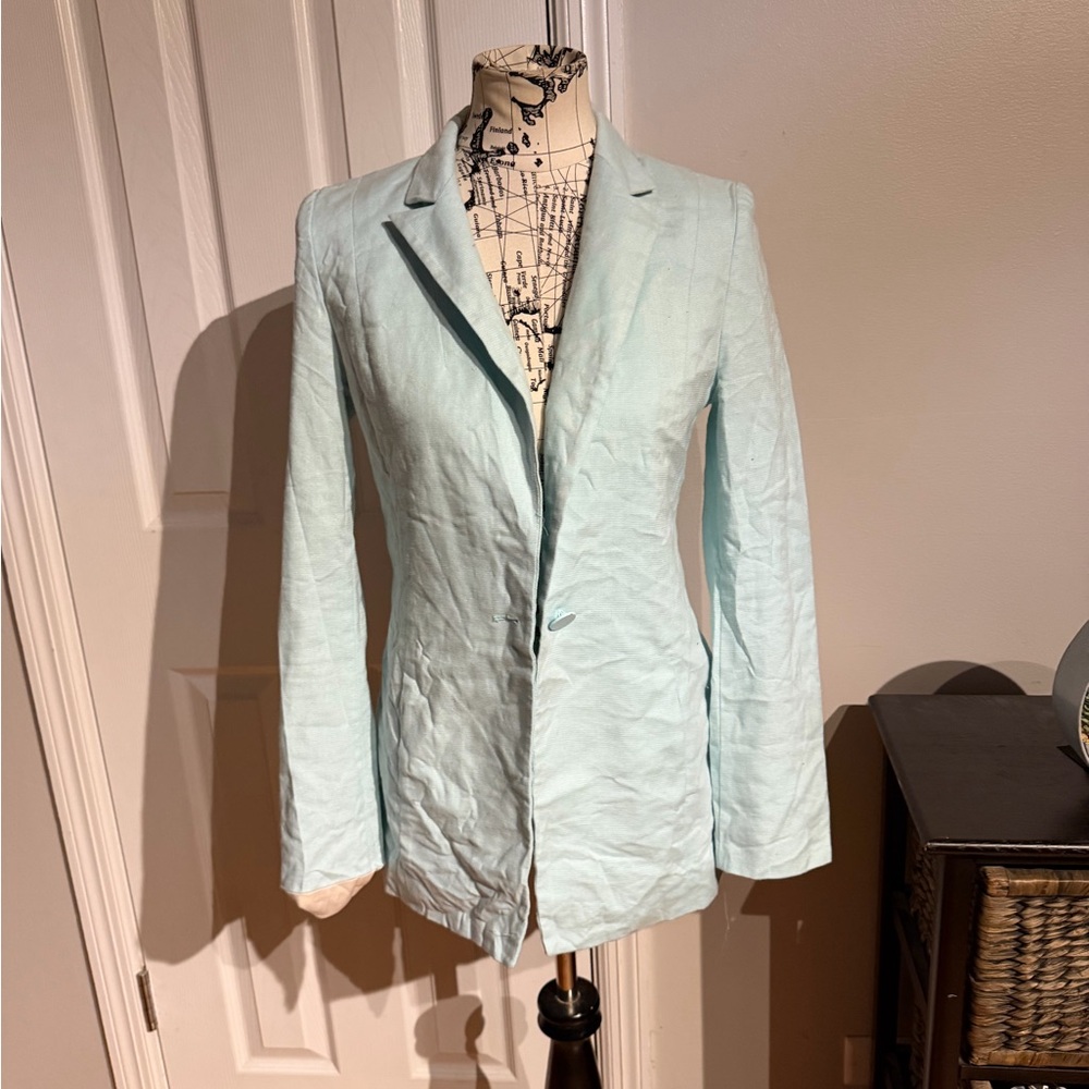 TopGirl Linen Cotton TAILORED Blazer 1-Button Structured M mint baby blue sky